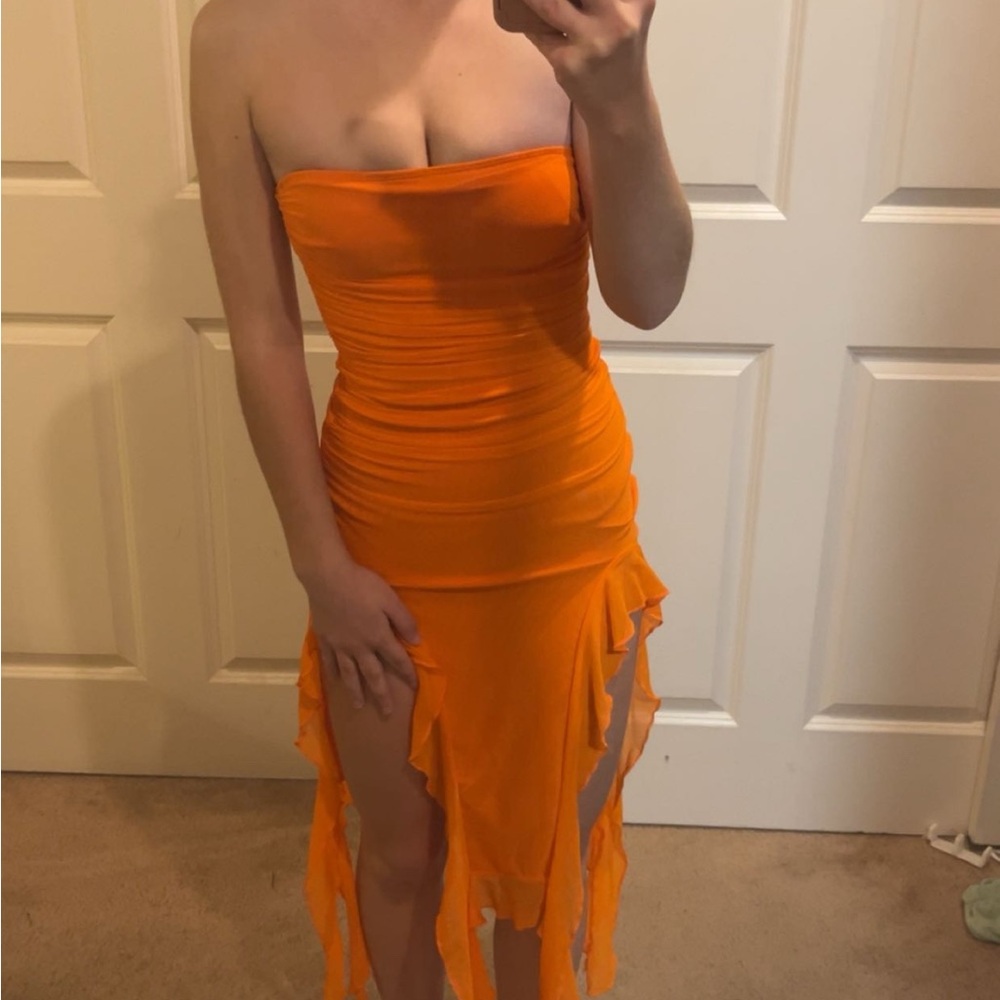 Strapless Orange Ruffle-Slit Evening Dress